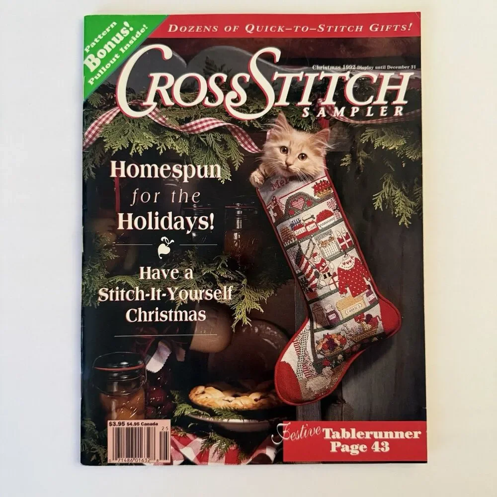 Christmas Cross Stitch Sampler Magazine 1992 Xmas Table Runner Stocking Ornament